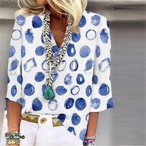Womens Blue Polka Dot V-Neck Top